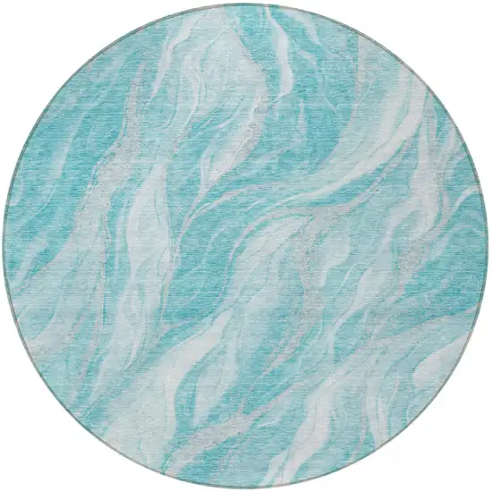 8' Teal Blue Aqua And Ivory Round Abstract Washable Indoor Outdoor Area Rug Photo 5