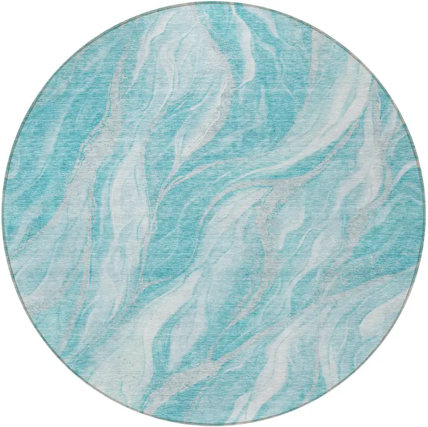 8' Teal Blue Aqua And Ivory Round Abstract Washable Indoor Outdoor Area Rug Photo 5
