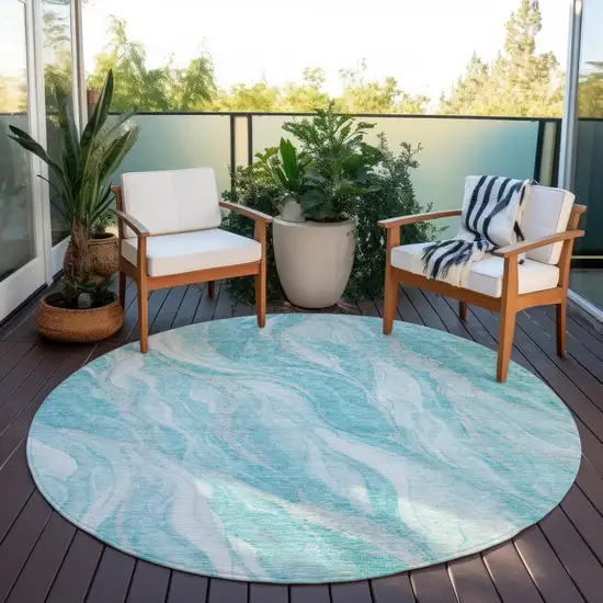8' Teal Blue Aqua And Ivory Round Abstract Washable Indoor Outdoor Area Rug Photo 6