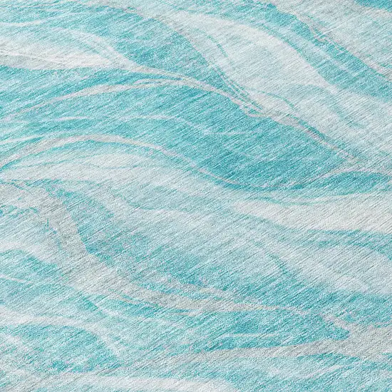 8' Teal Blue Aqua And Ivory Round Abstract Washable Indoor Outdoor Area Rug Photo 9