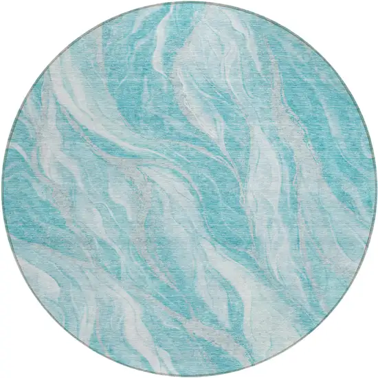 8' Teal Blue Aqua And Ivory Round Abstract Washable Indoor Outdoor Area Rug Photo 1
