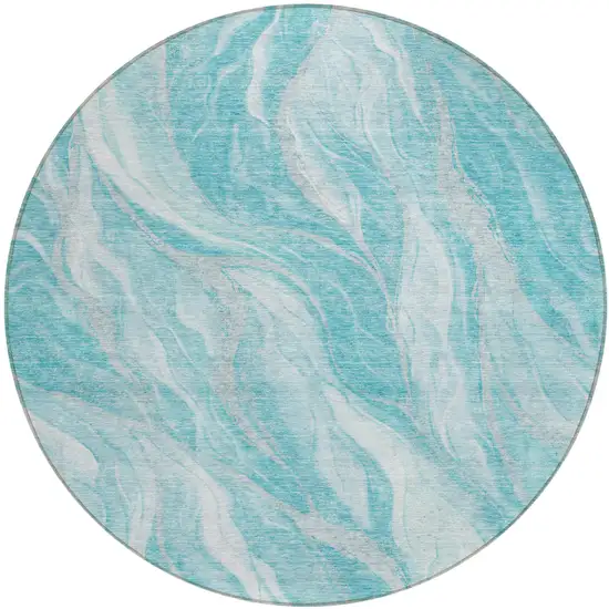 8' Teal Blue Aqua And Ivory Round Abstract Washable Indoor Outdoor Area Rug Photo 1