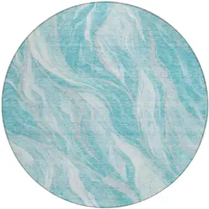 Photo of 8' Teal Blue Aqua And Ivory Round Abstract Washable Indoor Outdoor Area Rug
