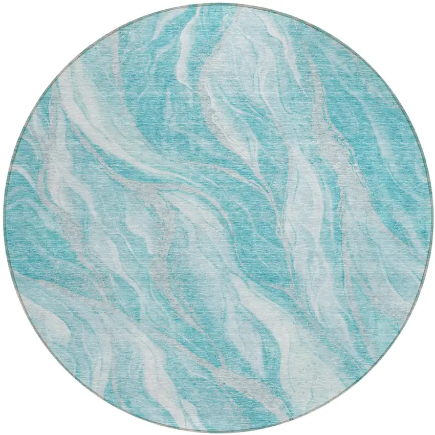 8' Teal Blue Aqua And Ivory Round Abstract Washable Indoor Outdoor Area Rug Photo 1