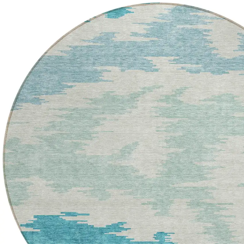 8' Teal Blue Aqua And Ivory Round Abstract Washable Indoor Outdoor Area Rug Photo 4