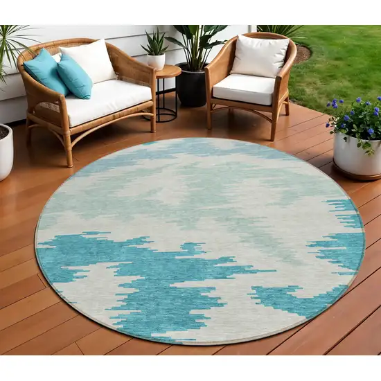 8' Teal Blue Aqua And Ivory Round Abstract Washable Indoor Outdoor Area Rug Photo 1