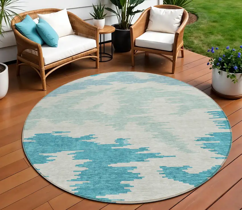 8' Teal Blue Aqua And Ivory Round Abstract Washable Indoor Outdoor Area Rug Photo 1