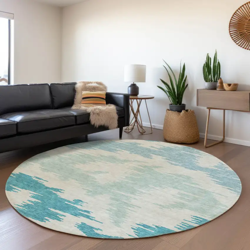 8' Teal Blue Aqua And Ivory Round Abstract Washable Indoor Outdoor Area Rug Photo 7