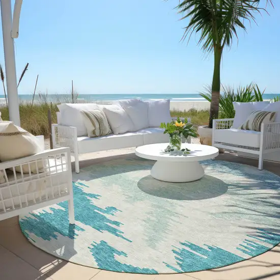 8' Teal Blue Aqua And Ivory Round Abstract Washable Indoor Outdoor Area Rug Photo 6