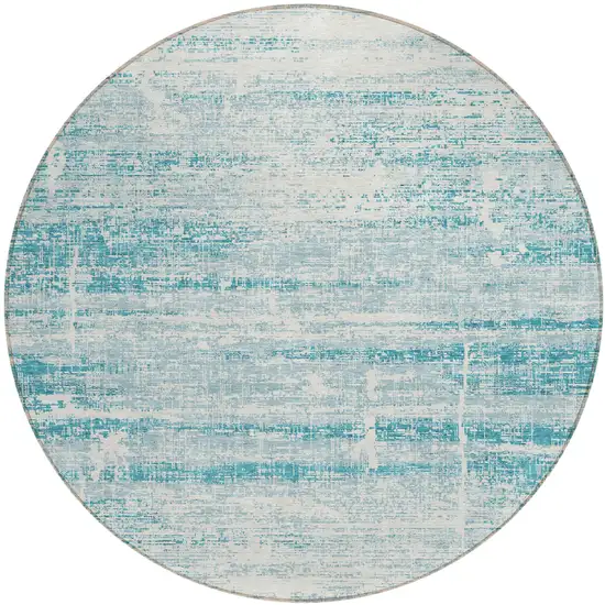 8' Teal Blue Aqua And Ivory Round Abstract Washable Indoor Outdoor Area Rug Photo 1
