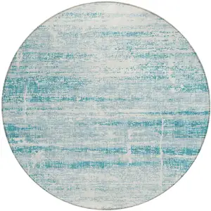 Photo of 8' Teal Blue Aqua And Ivory Round Abstract Washable Indoor Outdoor Area Rug