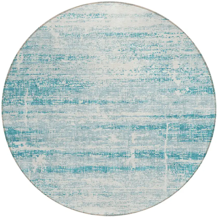 8' Teal Blue Aqua And Ivory Round Abstract Washable Indoor Outdoor Area Rug Photo 1