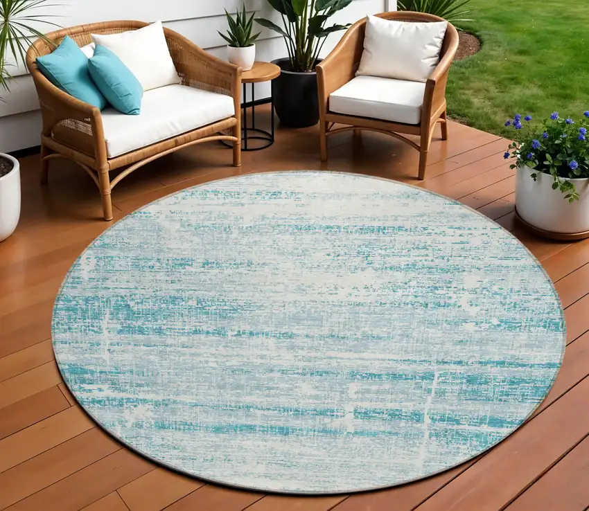8' Teal Blue Aqua And Ivory Round Abstract Washable Indoor Outdoor Area Rug Photo 1