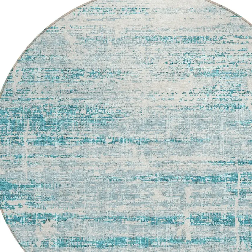 8' Teal Blue Aqua And Ivory Round Abstract Washable Indoor Outdoor Area Rug Photo 4