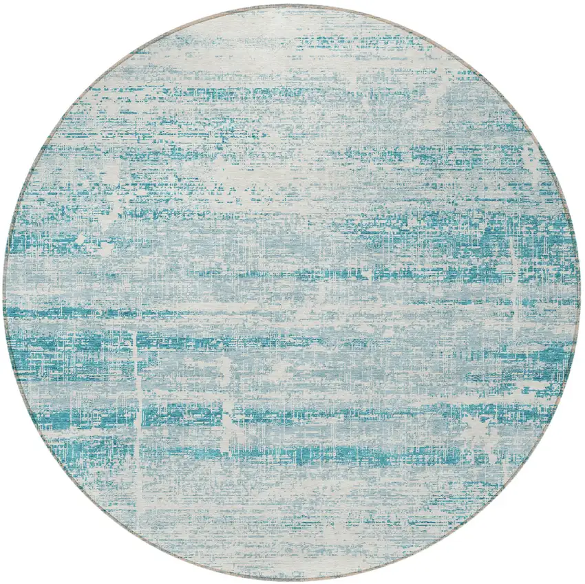 8' Teal Blue Aqua And Ivory Round Abstract Washable Indoor Outdoor Area Rug Photo 5