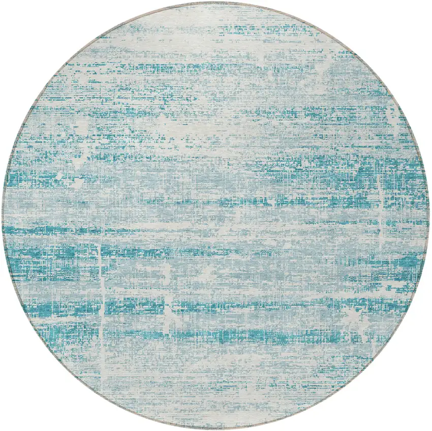 8' Teal Blue Aqua And Ivory Round Abstract Washable Indoor Outdoor Area Rug Photo 5