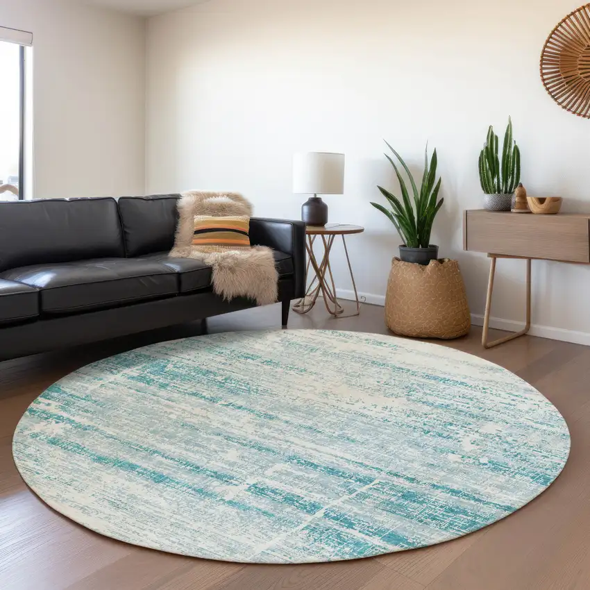 8' Teal Blue Aqua And Ivory Round Abstract Washable Indoor Outdoor Area Rug Photo 7