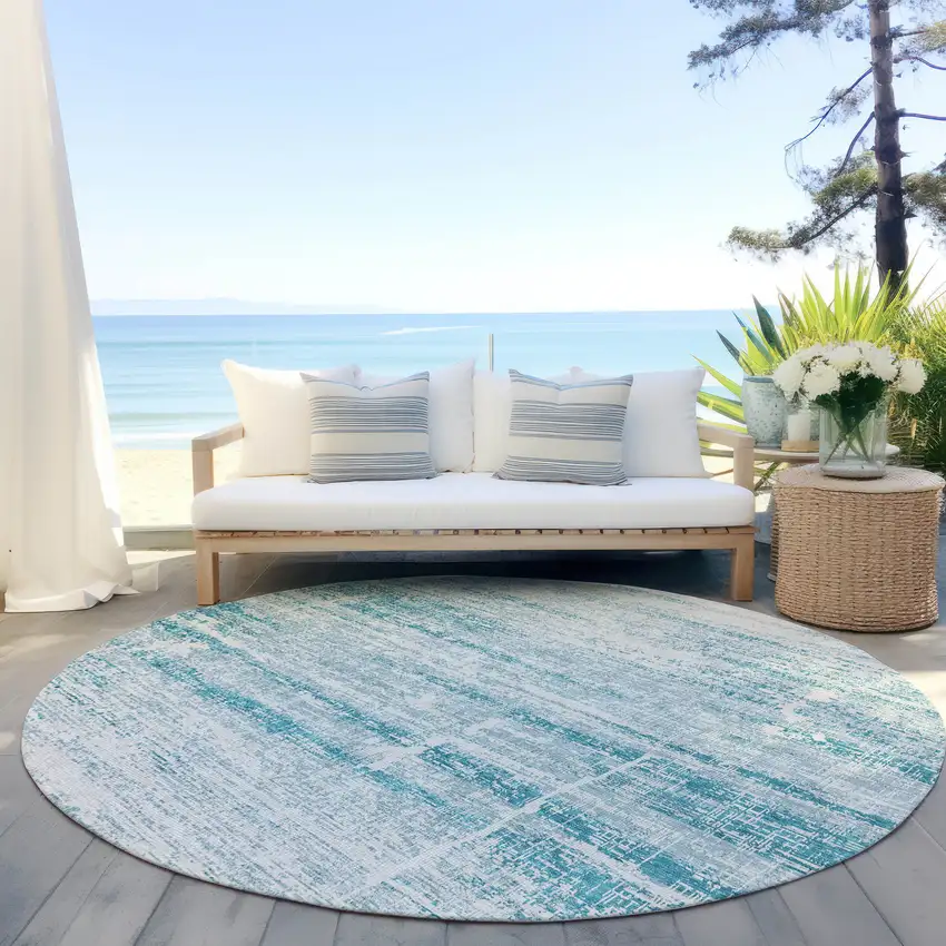 8' Teal Blue Aqua And Ivory Round Abstract Washable Indoor Outdoor Area Rug Photo 6