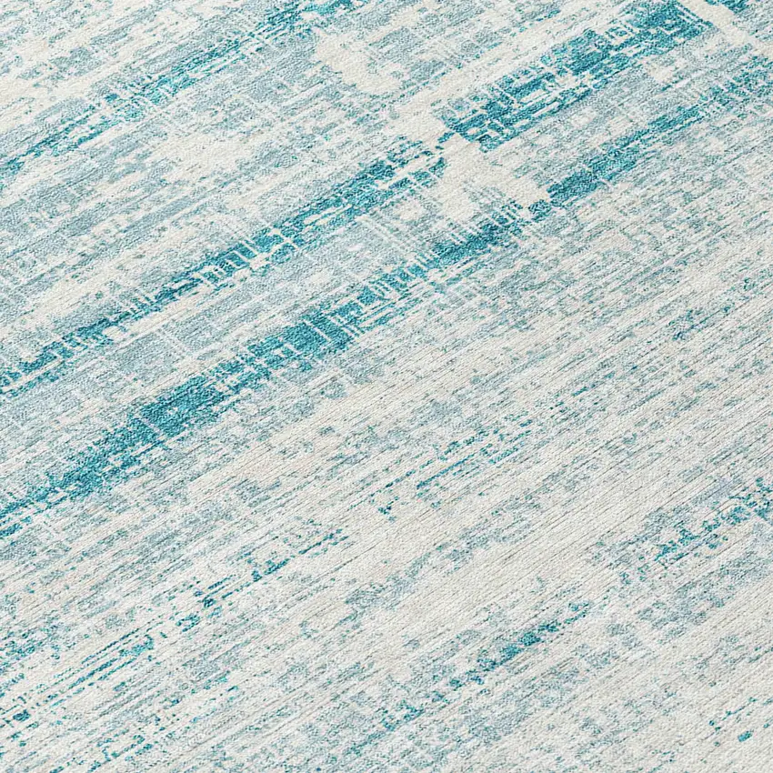 8' Teal Blue Aqua And Ivory Round Abstract Washable Indoor Outdoor Area Rug Photo 9