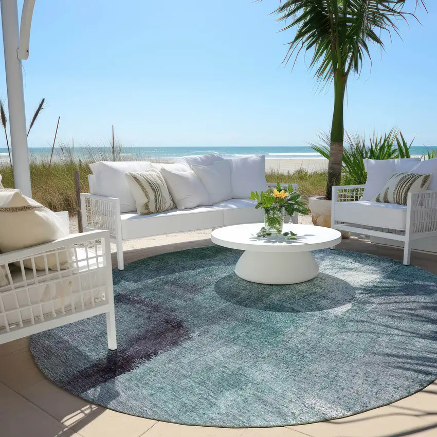 8' Teal Blue Aqua And Ivory Round Abstract Washable Indoor Outdoor Area Rug Photo 5