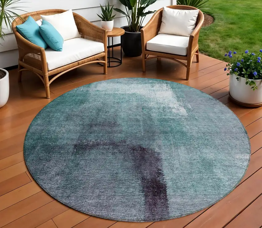 8' Teal Blue Aqua And Ivory Round Abstract Washable Indoor Outdoor Area Rug Photo 1