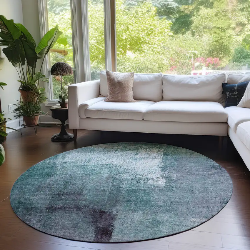 8' Teal Blue Aqua And Ivory Round Abstract Washable Indoor Outdoor Area Rug Photo 6