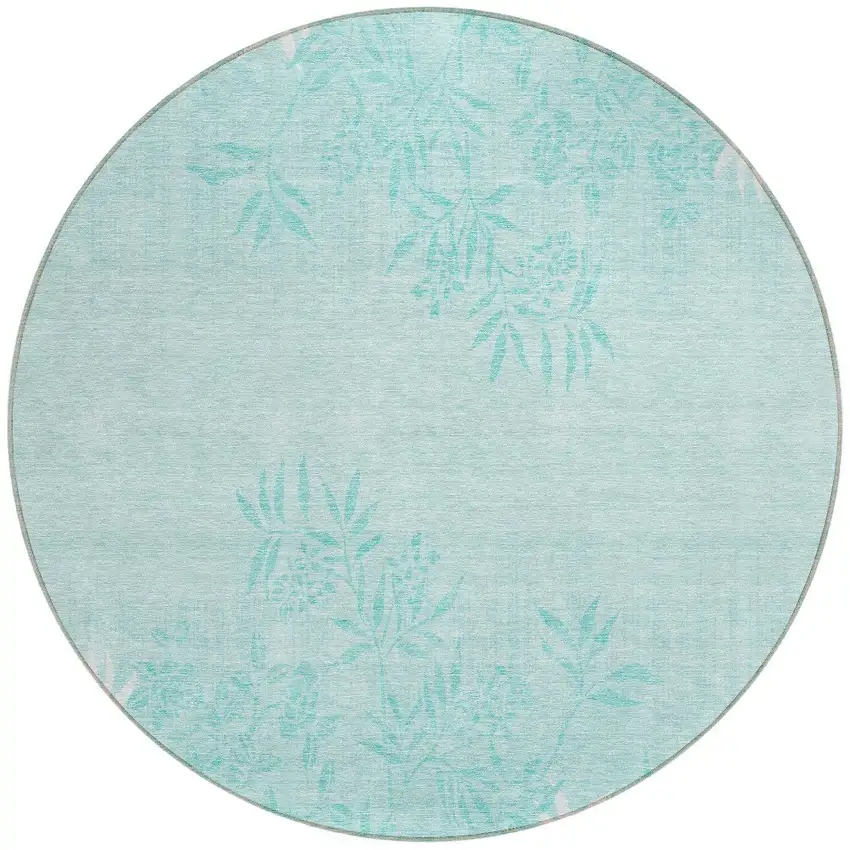 8' Teal Blue Aqua And Ivory Round Floral Washable Indoor Outdoor Area Rug Photo 5