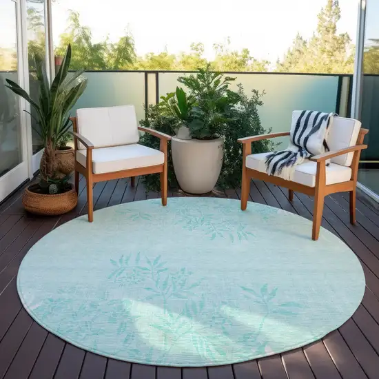 8' Teal Blue Aqua And Ivory Round Floral Washable Indoor Outdoor Area Rug Photo 6