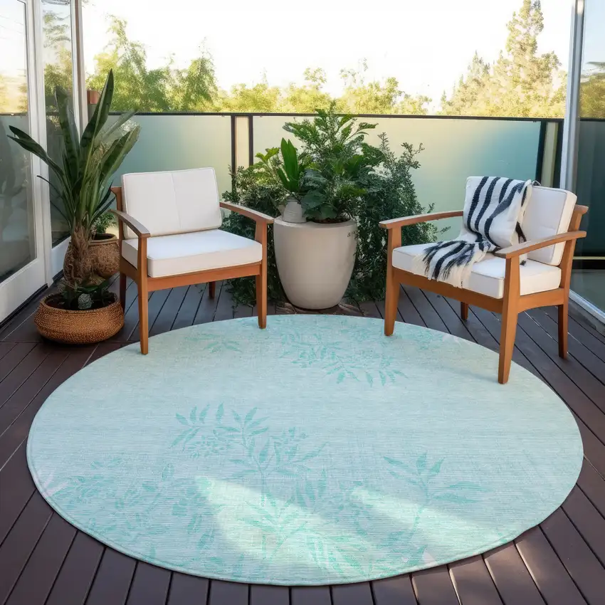 8' Teal Blue Aqua And Ivory Round Floral Washable Indoor Outdoor Area Rug Photo 6