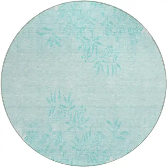 8' Teal Blue Aqua And Ivory Round Floral Washable Indoor Outdoor Area Rug Photo 2