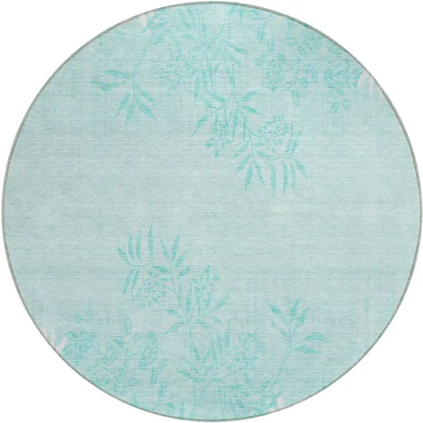 8' Teal Blue Aqua And Ivory Round Floral Washable Indoor Outdoor Area Rug Photo 2