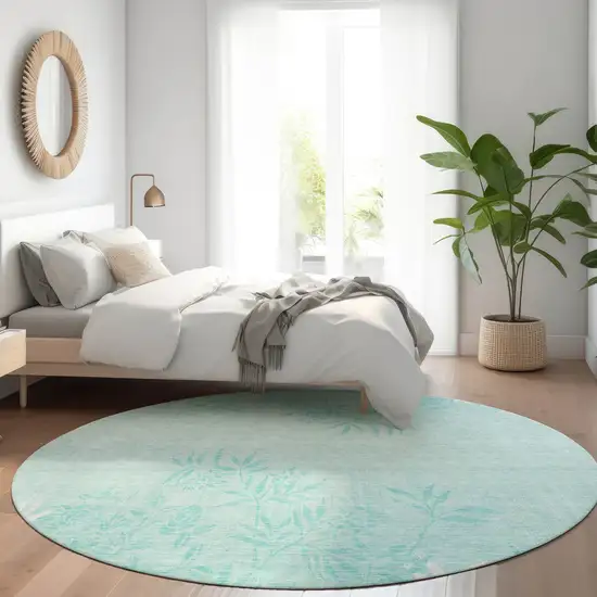 8' Teal Blue Aqua And Ivory Round Floral Washable Indoor Outdoor Area Rug Photo 7