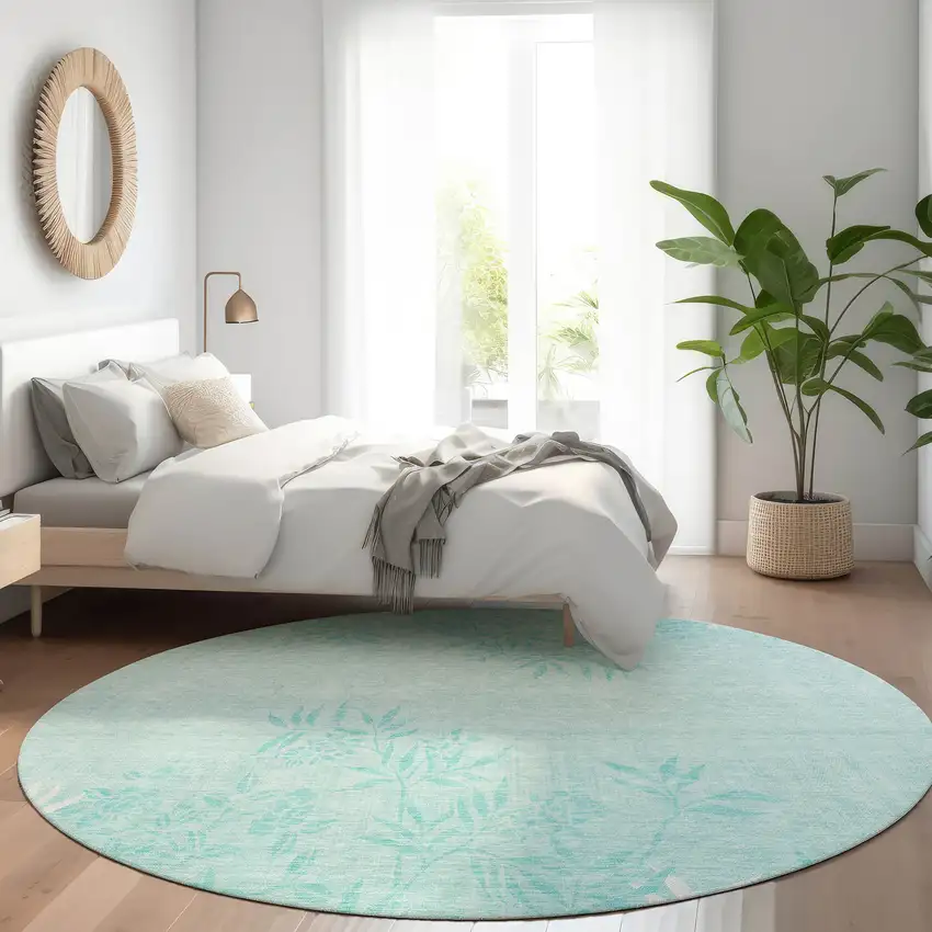 8' Teal Blue Aqua And Ivory Round Floral Washable Indoor Outdoor Area Rug Photo 7
