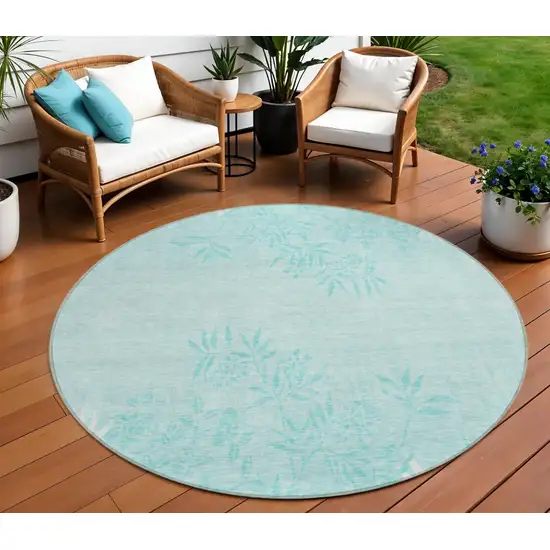 8' Teal Blue Aqua And Ivory Round Floral Washable Indoor Outdoor Area Rug Photo 1