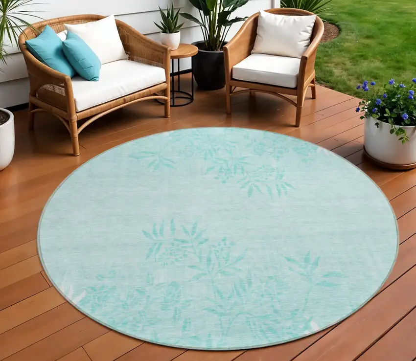 8' Teal Blue Aqua And Ivory Round Floral Washable Indoor Outdoor Area Rug Photo 1