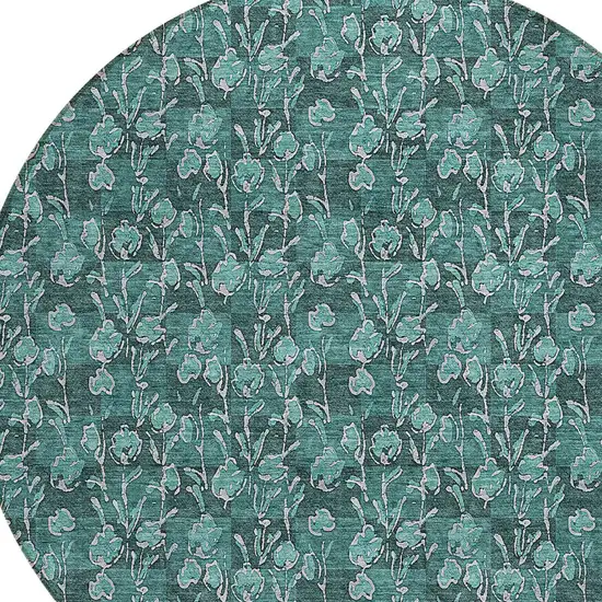 8' Teal Blue Aqua And Ivory Round Floral Washable Indoor Outdoor Area Rug Photo 4