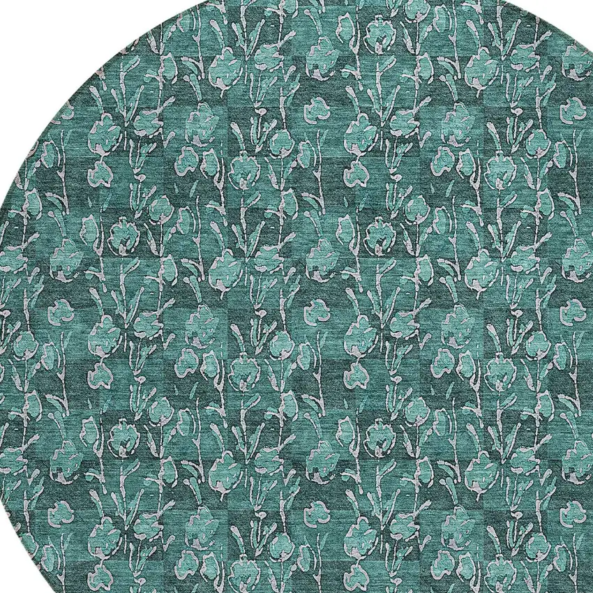 8' Teal Blue Aqua And Ivory Round Floral Washable Indoor Outdoor Area Rug Photo 4