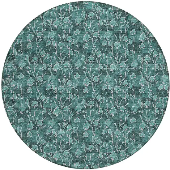 8' Teal Blue Aqua And Ivory Round Floral Washable Indoor Outdoor Area Rug Photo 5