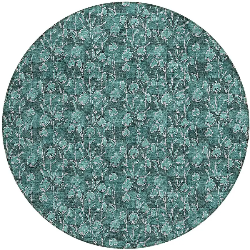 8' Teal Blue Aqua And Ivory Round Floral Washable Indoor Outdoor Area Rug Photo 5