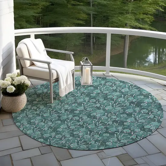 8' Teal Blue Aqua And Ivory Round Floral Washable Indoor Outdoor Area Rug Photo 6