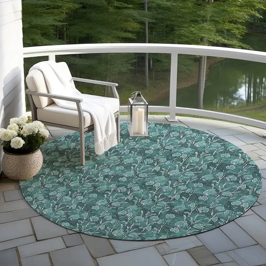 8' Teal Blue Aqua And Ivory Round Floral Washable Indoor Outdoor Area Rug Photo 6