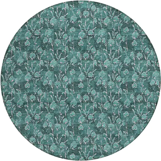 8' Teal Blue Aqua And Ivory Round Floral Washable Indoor Outdoor Area Rug Photo 2