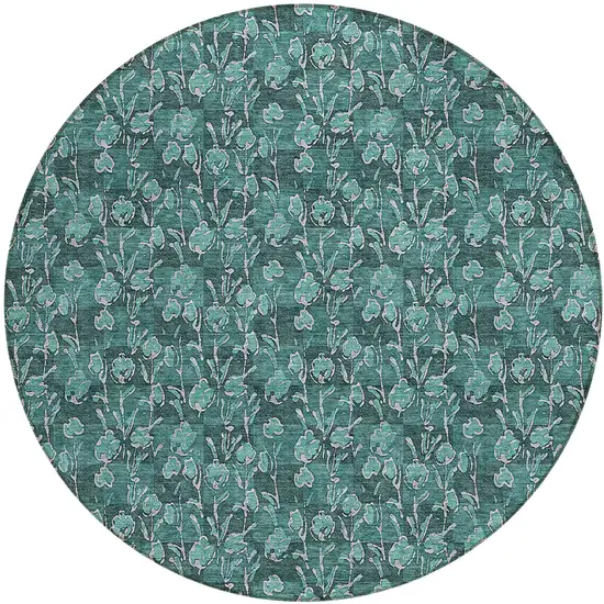 8' Teal Blue Aqua And Ivory Round Floral Washable Indoor Outdoor Area Rug Photo 2