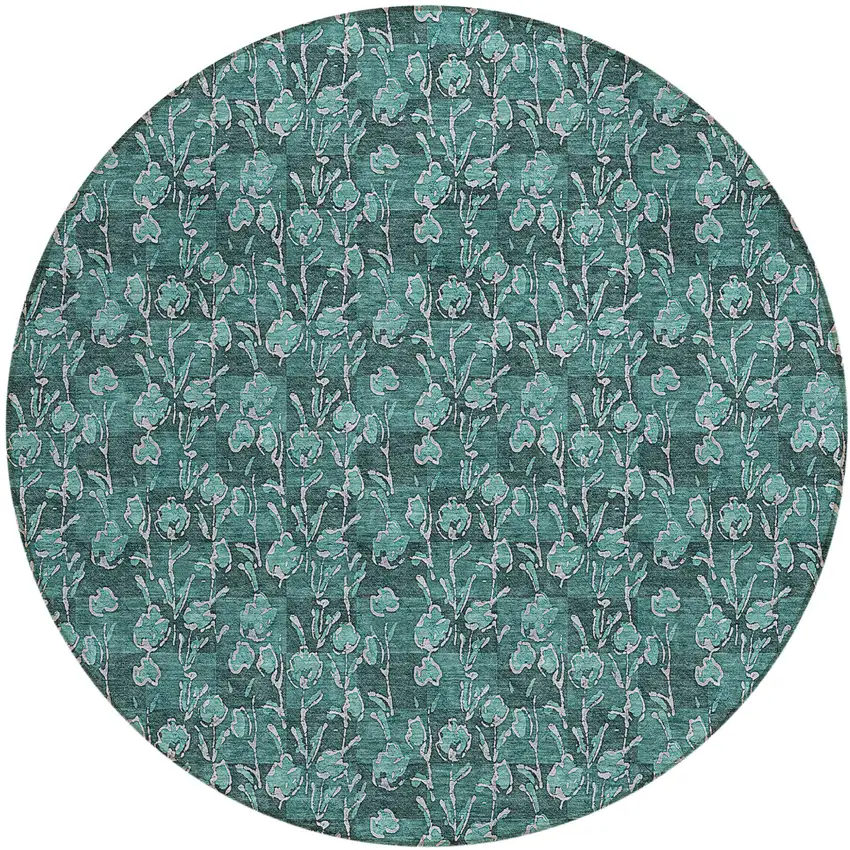 8' Teal Blue Aqua And Ivory Round Floral Washable Indoor Outdoor Area Rug Photo 2