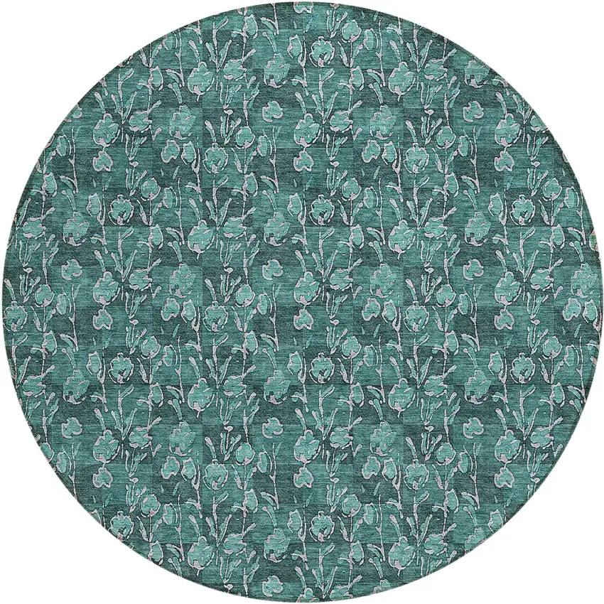 8' Teal Blue Aqua And Ivory Round Floral Washable Indoor Outdoor Area Rug Photo 2