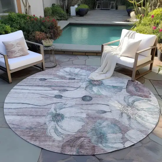 8' Teal Blue Aqua And Ivory Round Floral Washable Indoor Outdoor Area Rug Photo 6
