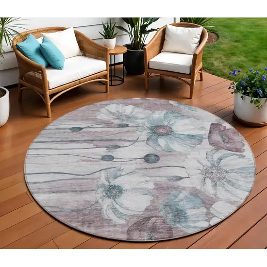 8' Teal Blue Aqua And Ivory Round Floral Washable Indoor Outdoor Area Rug Photo 1