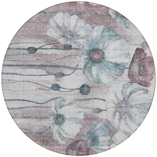 8' Teal Blue Aqua And Ivory Round Floral Washable Indoor Outdoor Area Rug Photo 4