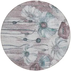 Photo of 8' Teal Blue Aqua And Ivory Round Floral Washable Indoor Outdoor Area Rug