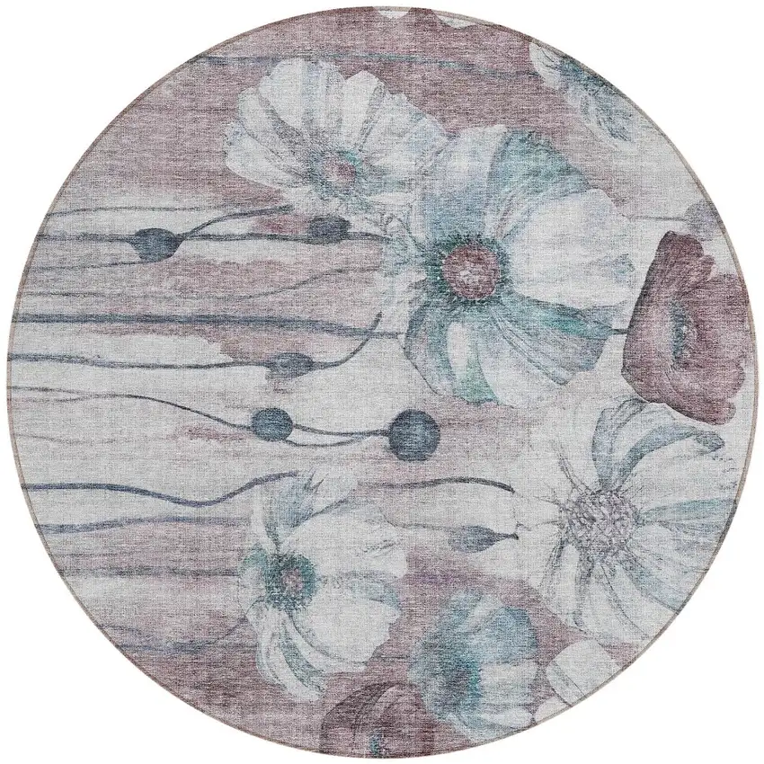 8' Teal Blue Aqua And Ivory Round Floral Washable Indoor Outdoor Area Rug Photo 4